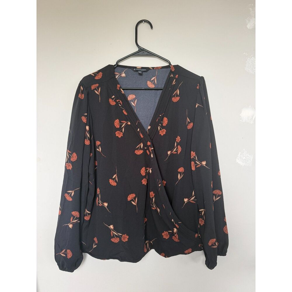 41 Hawthorn Black & Terracotta Floral Faux-Wrap V-Neck Blouse - Size XL